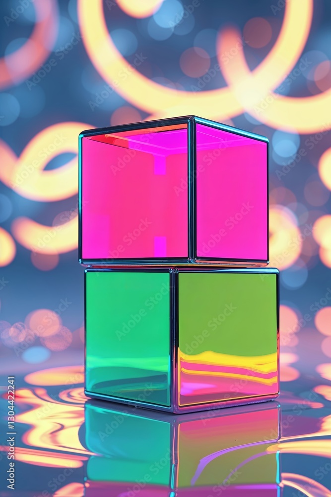 Poster colorful translucent cubes with reflections on a shimmering surface in an artistic background