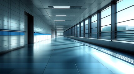 Modern hospital corridor bright sunlight streams through windows. AI Generated