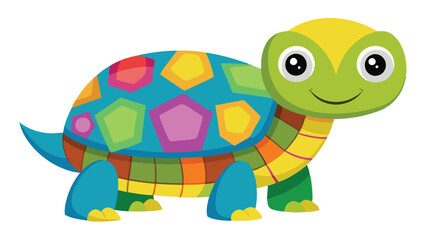 Colorful cartoon turtle character with a friendly expression and vibrant shell design enjoying a bright day