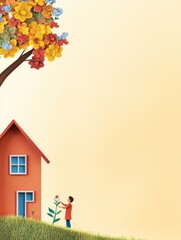 Home Sweet Home and Blooming Garden - A small person tends a flower in front of a charming little house, nestled beneath a vibrant tree