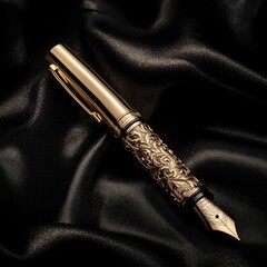 Naklejka premium Elegant gold fountain pen resting on dark satin fabric