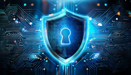 A digital shield with a keyhole, surrounded by circuits, symbolizes cybersecurity and protection in a futuristic design.