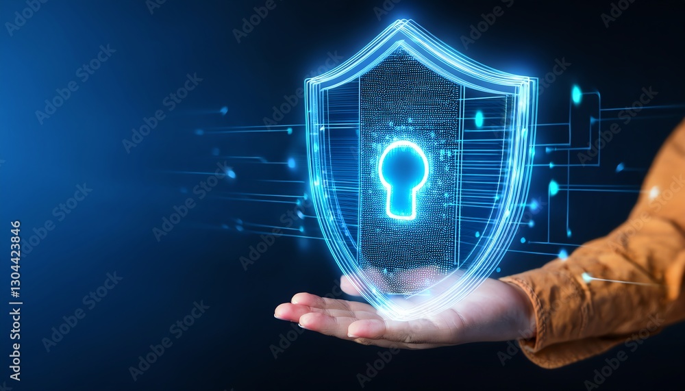 Poster a digital shield with a keyhole is held in a hand, symbolizing cybersecurity and protection in the d