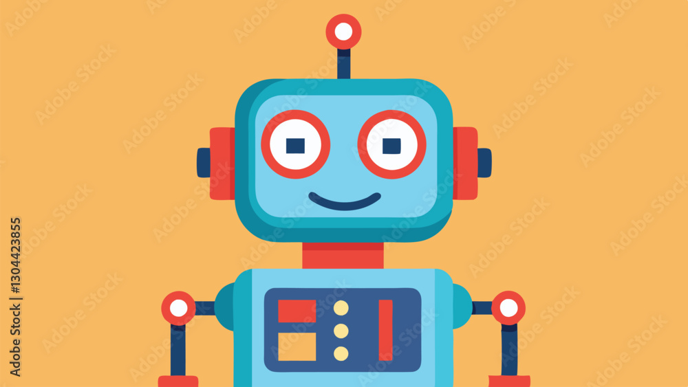 Poster cute cheerful robot character illustration with vibrant colors in a playful design suitable for chil