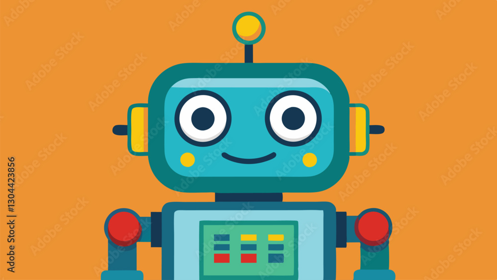 Poster cute cheerful robot character illustration with vibrant colors in a playful design suitable for chil