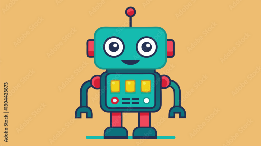 Poster Cute cheerful robot character illustration with vibrant colors in a playful design suitable for children's books and educational content
