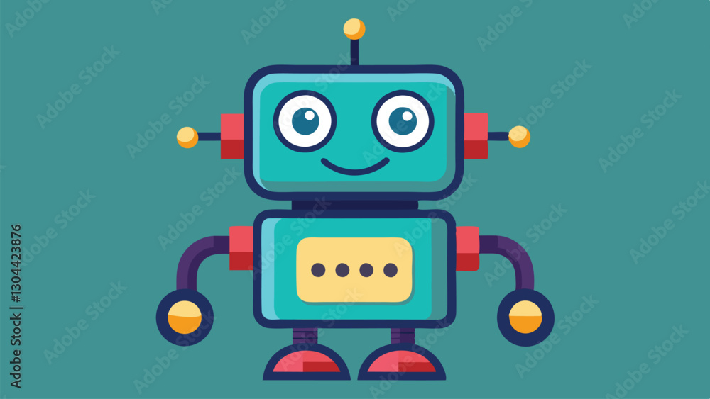 Poster cute cheerful robot character illustration with vibrant colors in a playful design suitable for chil