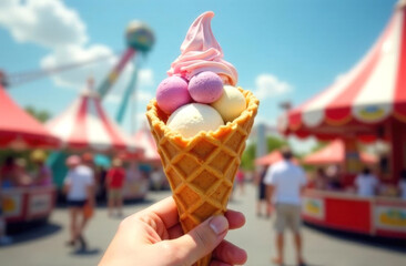 Close-up of hand holding ice cream against amusement park background.