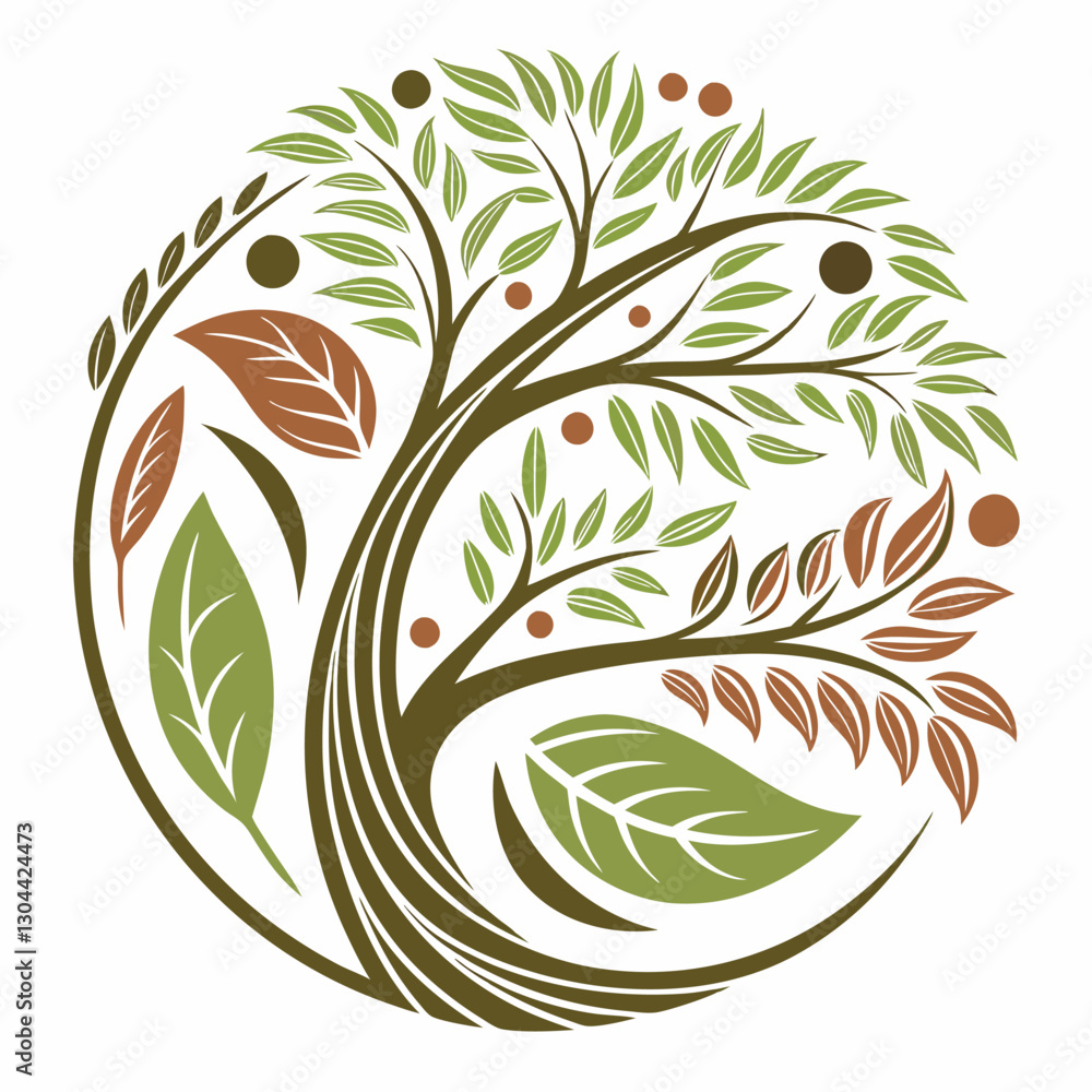 Poster Graphic representation of a circular tree design incorporating diverse foliage and dynamic patterns with earthy tones and a clean vector style