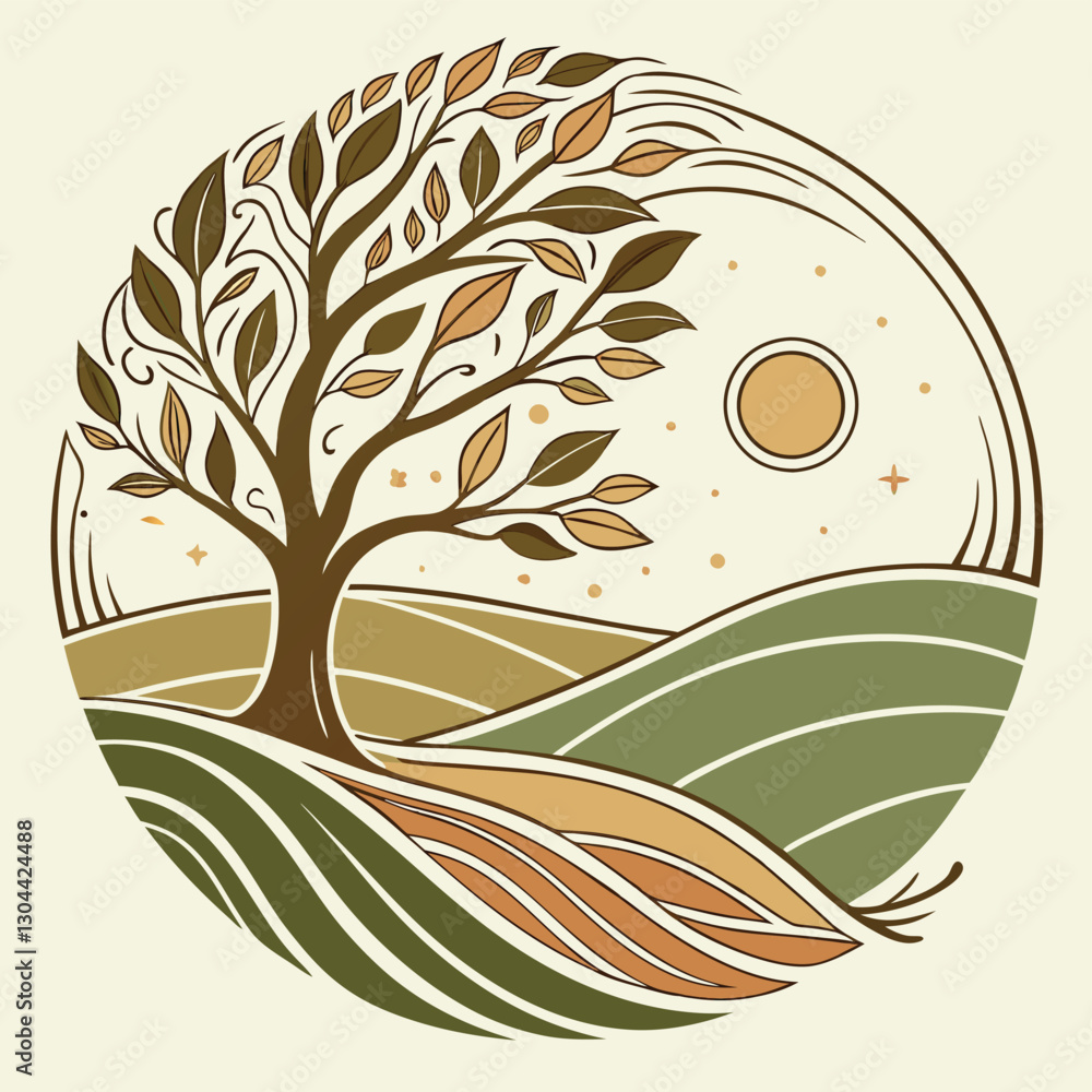 Poster Graphic representation of a circular tree design incorporating diverse foliage and dynamic patterns with earthy tones and a clean vector style