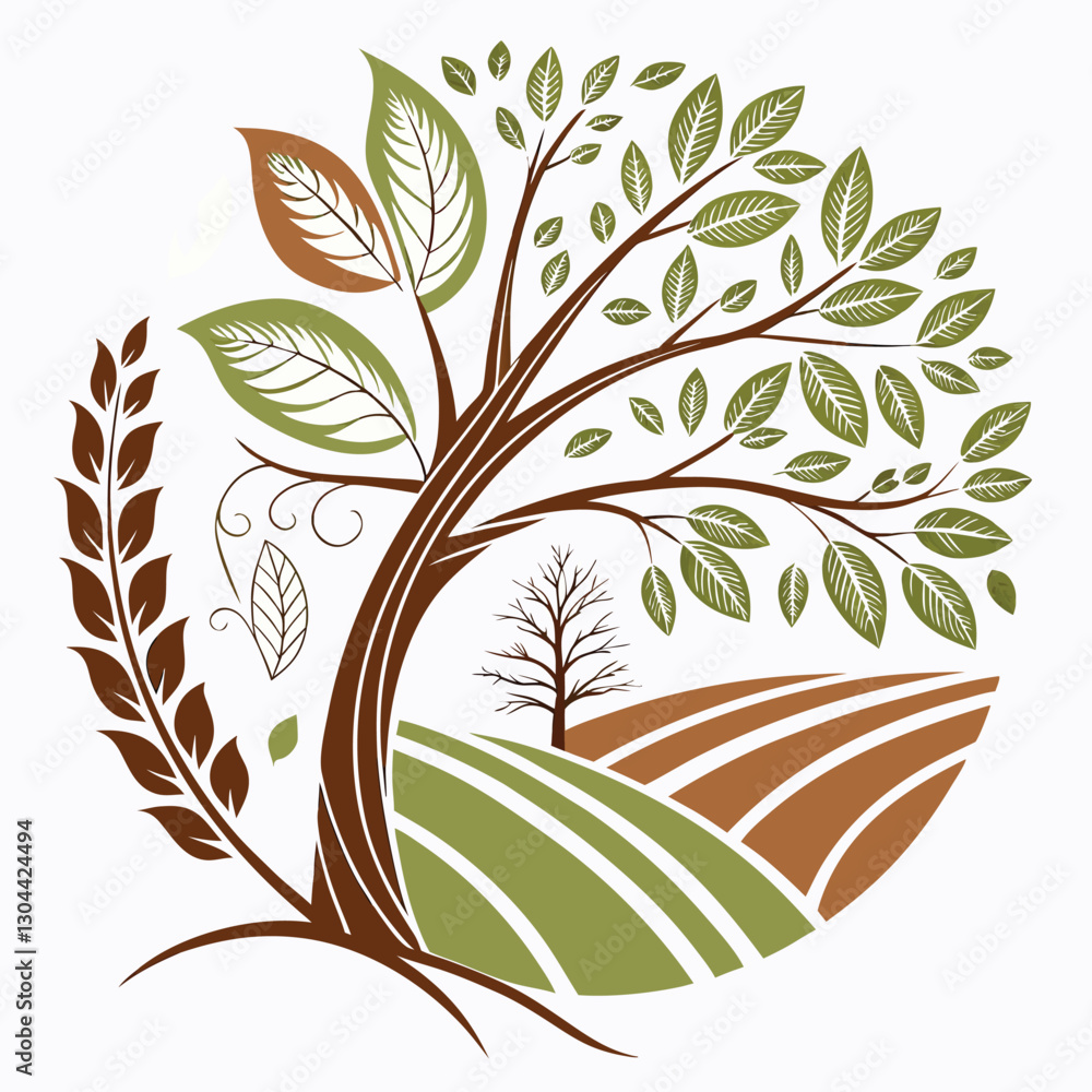 Poster Graphic representation of a circular tree design incorporating diverse foliage and dynamic patterns with earthy tones and a clean vector style