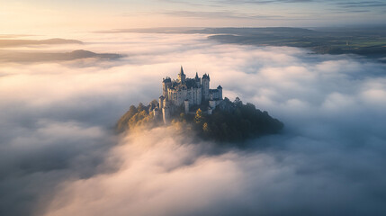 Naklejka premium Majestic castle above the clouds stunning aerial view at sunrise fog sky dawn hill stone trees image