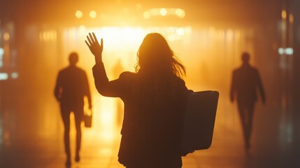 a woman standing in the foreground, seen from behind, waving goodbye to people walking away in the distance