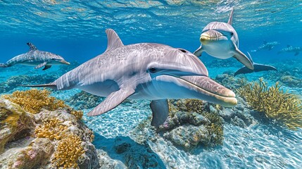 Obraz premium Playful Dolphins Swimming in a Vibrant Coral Reef