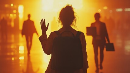 a woman standing in the foreground, seen from behind, waving goodbye to people walking away in the distance