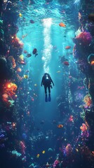 A scuba diver explores a vibrant coral reef teeming with colorful fish.  Sunlight penetrates the water, illuminating the underwater scene.