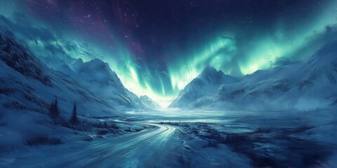 Fototapeta premium Stunning aurora borealis illuminates snowy mountains at night