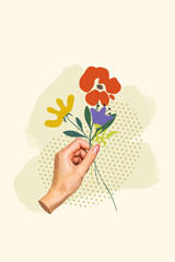 Poster image vertical photo collage of hand hold cartoon doodle spring bouquet celebration florist...