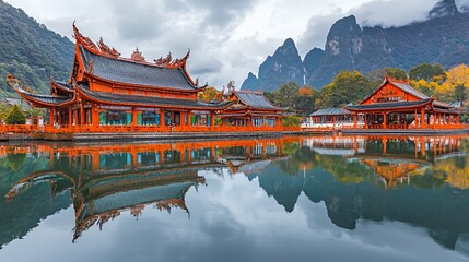 Naklejka premium Orange Buildings Reflected in Calm Water Surrounded by Mountains