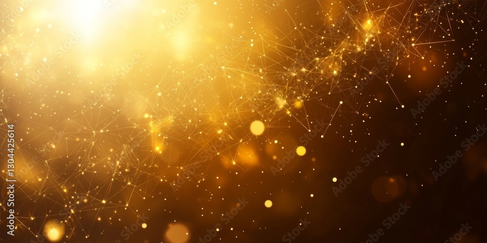 Poster golden interconnected node network, geometrical pattern with glowing sparks, festive background