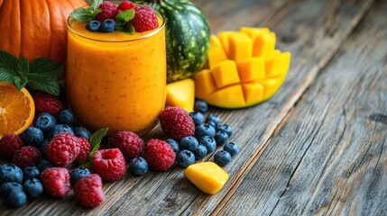 A vibrant tableau, featuring an organic orange smoothie, garnished with fresh fruits like berries and mango, and a pumpkin resting on a wooden table, ready to be transformed into a delectable autumn