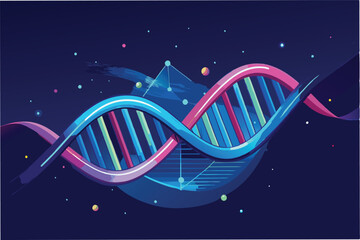 Vector illustration of a colorful DNA double helix against a dark background featuring molecular structures and vibrant spheres in a modern design