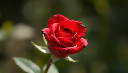 Single red rose in ultra-realistic detail, with soft natural lighting and delicate petals, captured in a macro photography style
