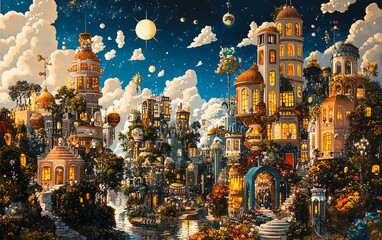 Obraz premium Enchanted fantasy cityscape at night. Magical towers, glowing lights, and whimsical architecture under a starry sky. Dreamlike, surreal, and artistic.