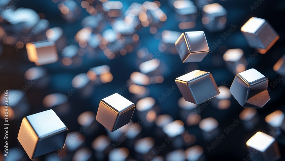 Poster floating metallic cubes in a dark ambiance create a mesmerizing visual effect with reflections and h