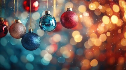 A vibrant tapestry of handcrafted Christmas ornaments, each a unique work of art, hangs suspended against an abstract, bokeh-filled backdrop. A blank space invites text or design elements to complete