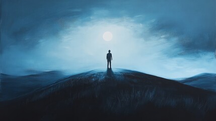Night's Solitude: A Man on a Hilltop - A lone figure stands atop a hill under a bright moon, symbolizing contemplation, peace, isolation, hope, and the vastness of nature