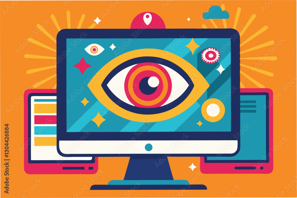 Poster creative illustration showcasing an eye symbol on a computer screen, representing monitoring and ana