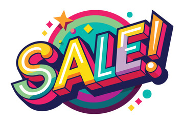 Bright and colorful sale announcement featuring vibrant typography and geometric shapes outdoors during a vibrant shopping event