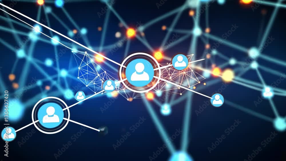 Poster abstract digital network visualization with glowing blue and orange connected nodes and lines.