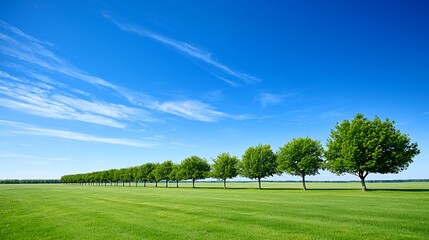 Obraz premium Vibrant Green Field with Row of Lush Trees Under a Bright Blue Sky