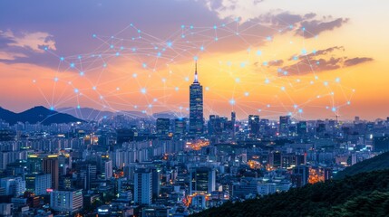 Obraz premium Modern Seoul Cityscape At Sunset With Network Connections Smart City and Innovation Concept