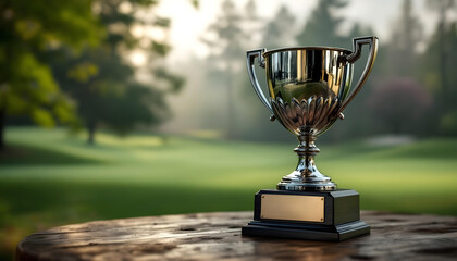 Capture a personalized golf trophy with an engraved plaque, presented on a table with a blurred championship course in the background, symbolizing achievement and prestige in the world of golf