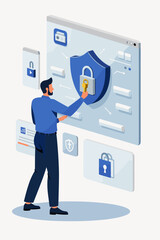 Man Unlocking Padlock with Key Signifying Authorized Access and Secure Data Protection, Concept of Security and Successful Authorization
