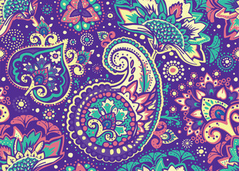 Seamless paisley pattern in Oriental style with floral and ethnic motifs for printed fabric, wallpaper, and packaging