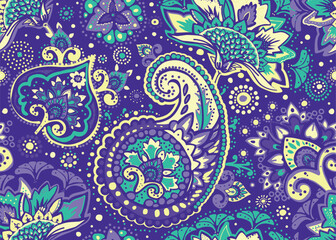 Seamless paisley pattern in Oriental style with floral and ethnic motifs for printed fabric, wallpaper, and packaging