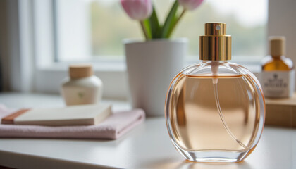 Close-up of a luxury perfume bottle with soft reflections