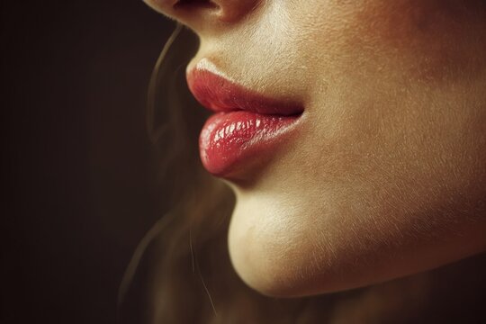 Primer plano de labios con brillo, resaltando la sensualidad y la textura de la piel.