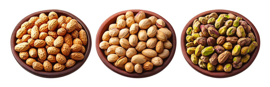 Peanuts and pistachios both in shell and shelled offer a healthy isolated on a PNG background