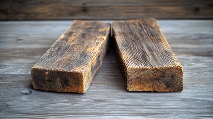 Two rustic wooden pieces, their weathered surfaces hinting at a life well-lived, rest on a pristine wooden floor, offering ample copy space to showcase your product or message.