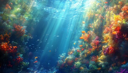Obraz premium Vibrant coral reef scene with sunlight streaming through the water, showcasing colorful coral and diverse fish life. Ideal for nature, ocean, and underwater themes.