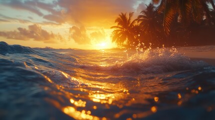 Obraz premium Tranquil calm sea water waves with palm trees. Tropical island beach landscape exotic shore coast