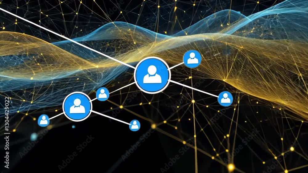 Poster abstract digital network visualization displaying interconnected data points across a dark backgroun