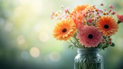 Fototapeta premium A tranquil still life, featuring a vibrant floral composition against a soft, diffused background, offering ample copy space for text or design elements, inviting the viewer to explore and enhance