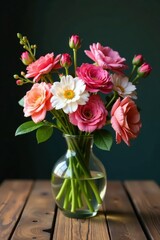 Fototapeta premium Elegant glass vase, vibrant blooms on rustic wooden table, image, stem