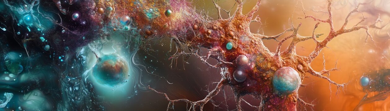 Whimsical landscape merging scientific breakthroughs, high-angle perspective, intricate neuron structures captured in stunning macro detail, dreamlike colors